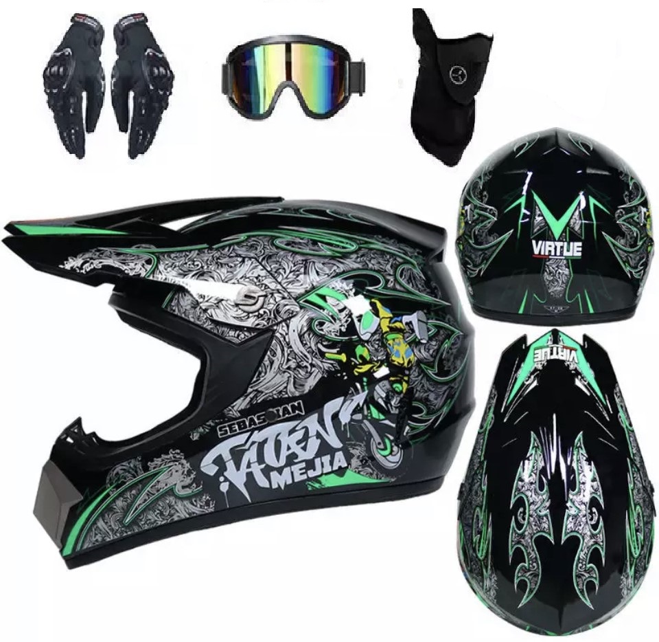Dětská moto helma krosová Tatan SET černo-zelená