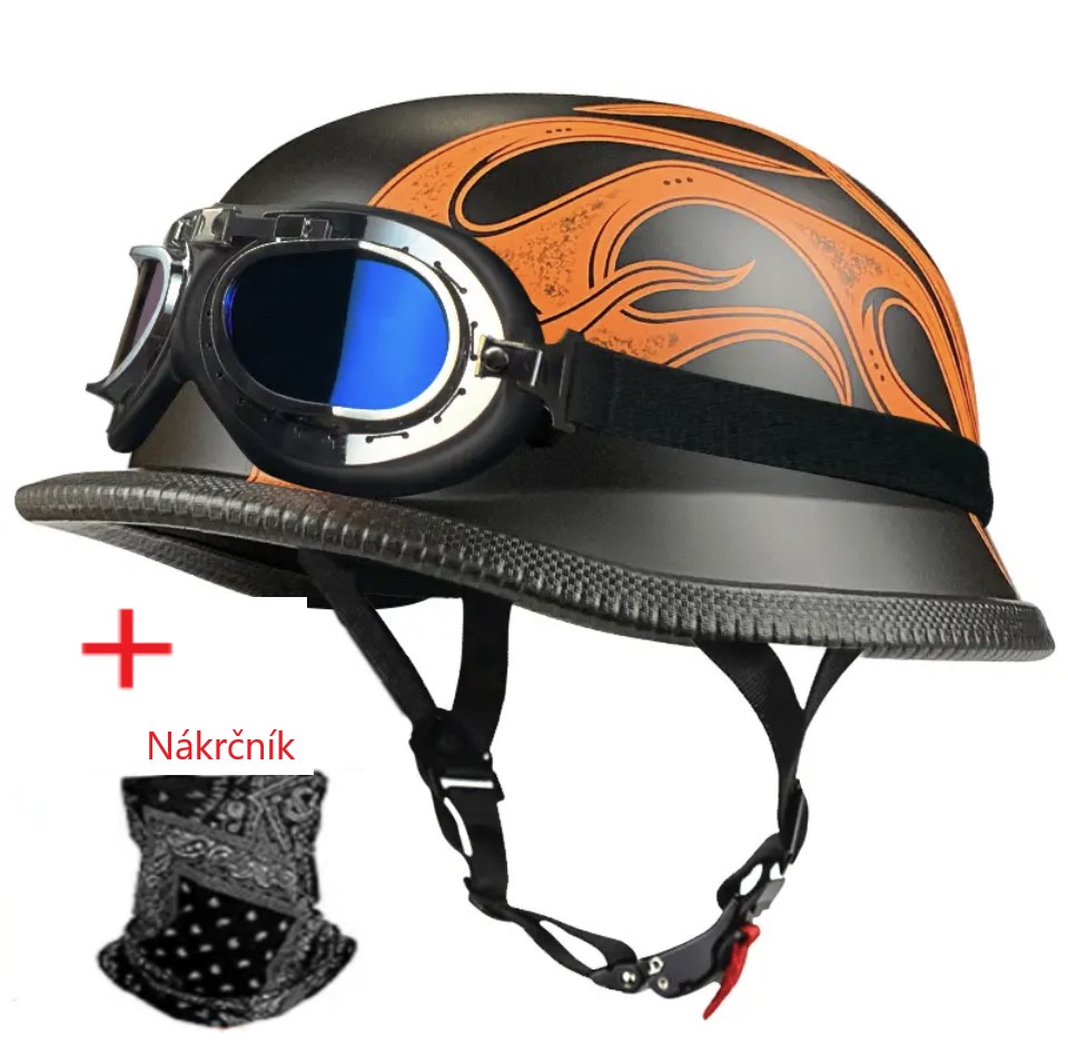 Moto helma retro s oranžovým plamenem